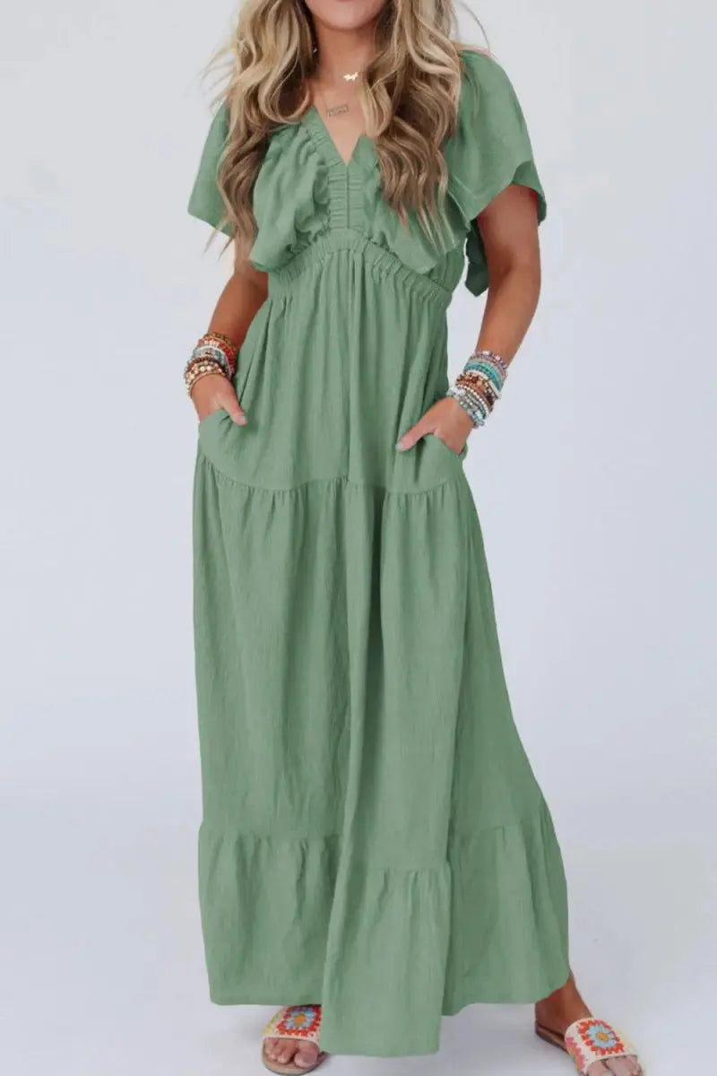 Ruffled V Neck Flutter Sleeve Maxi Dress for Women - Love Salve